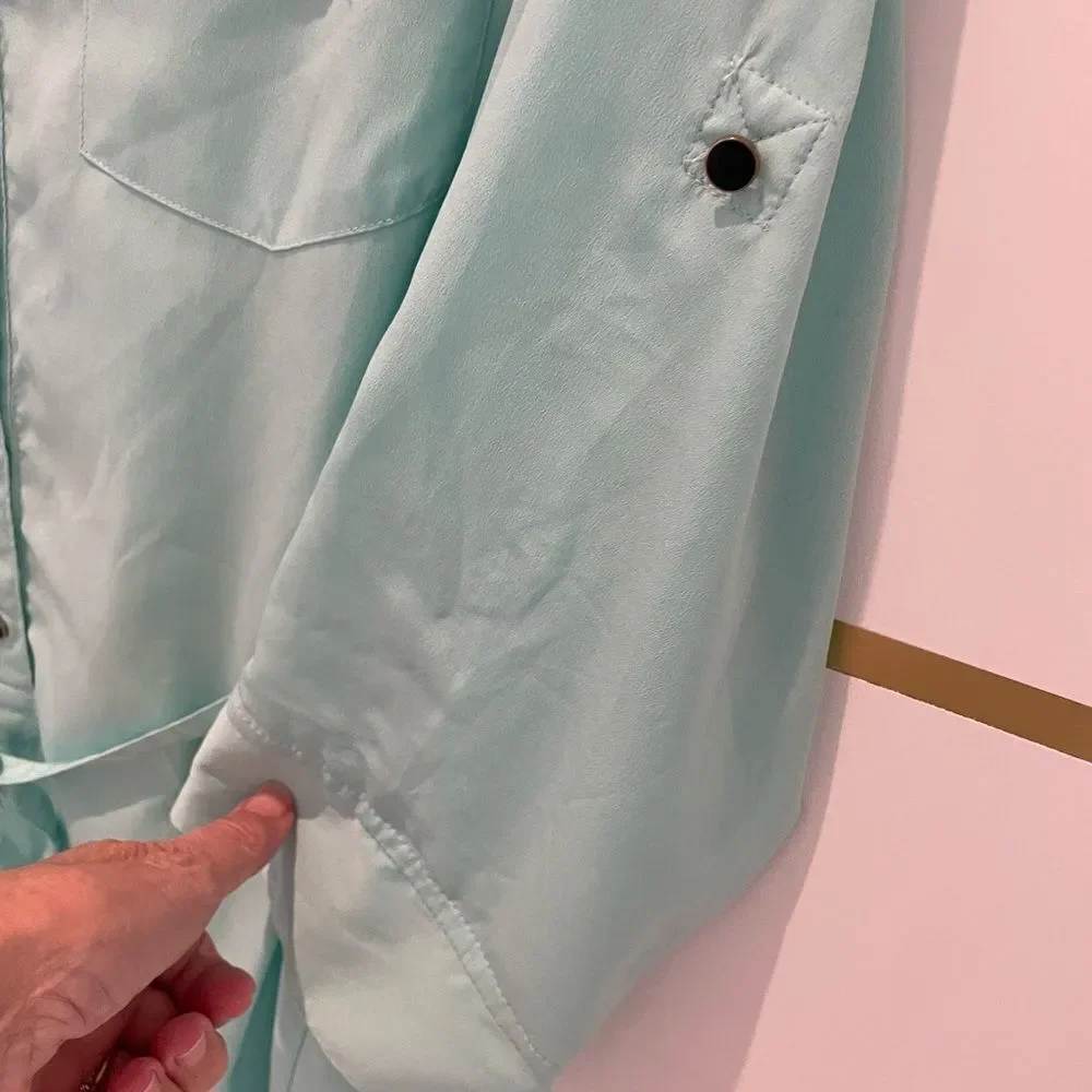 SPEED Control Aqua Turquoise Lightweight Long Sleeve Shirt Dress Button Belted